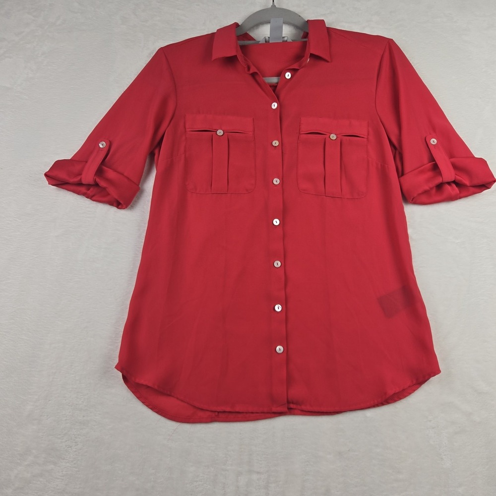 H&M Women's Red‎ Chiffon Blouse Size 6 3/4 Sleeves Sheer